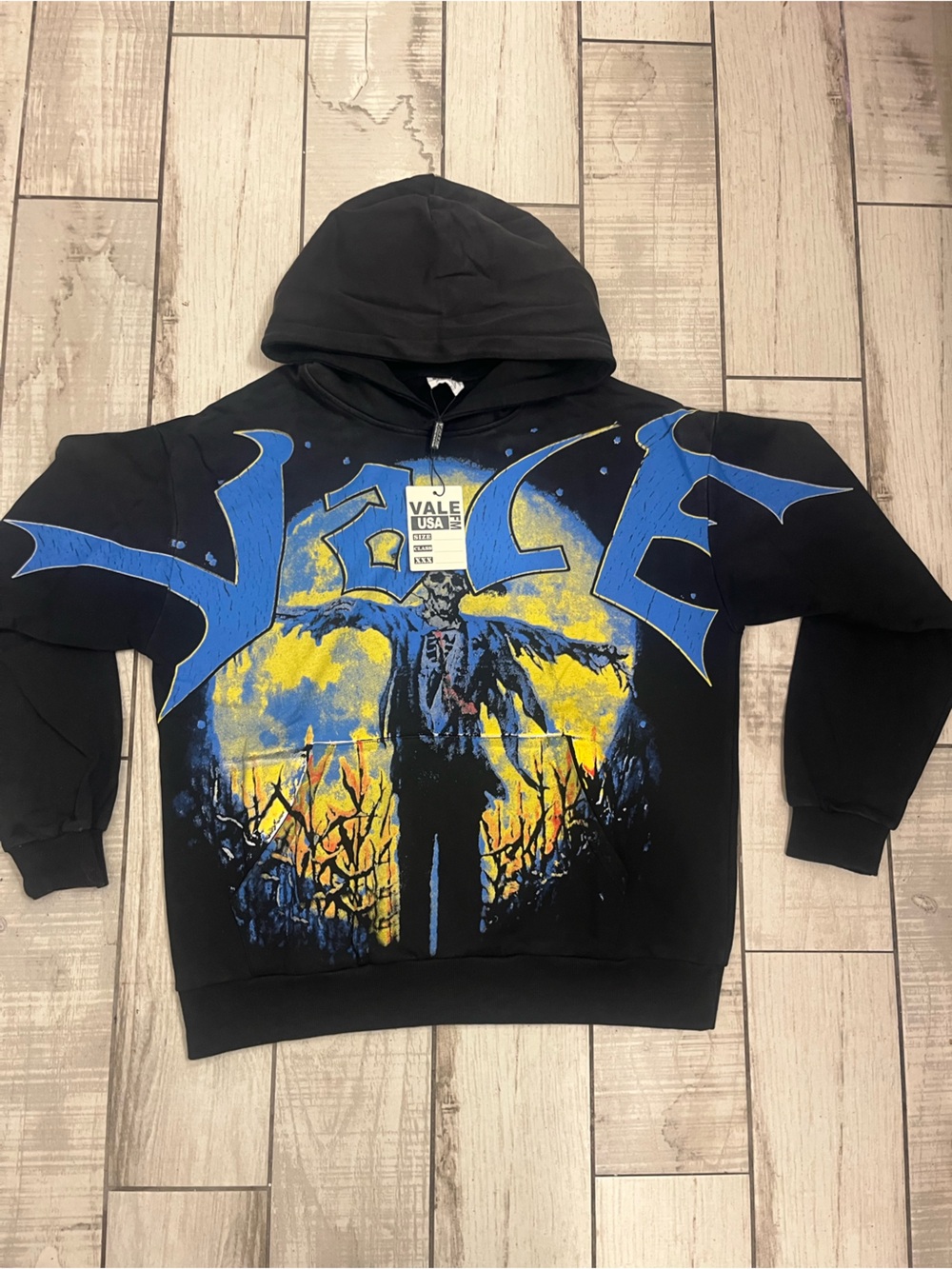 Vale USA Black Graphic Hoodie with Blue & Yellow Print